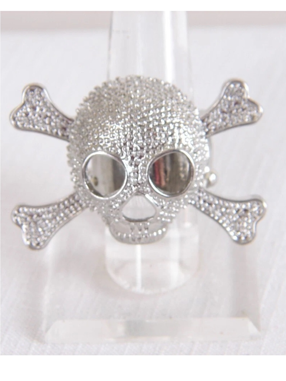 Silver Skull & Crossbones Adjustable Strech Ring - Sparkling Skull Design